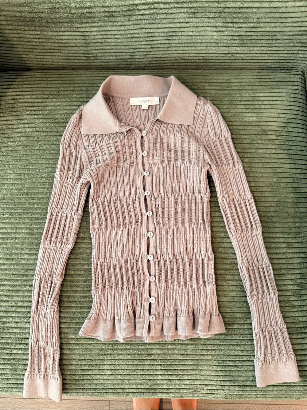 LOFT Blush Ribbed Button-Up Cardigan with Ruffle Hem